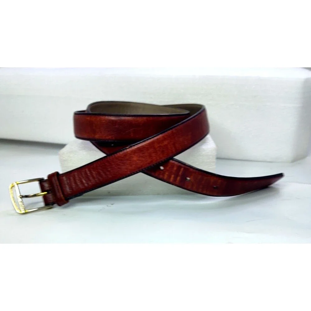 VTG Pierre Cardin Men's Brown Cowhide Belt Sz 38/ 90 1”Wide Gold Buckle w Logo